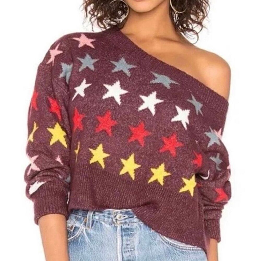 WILDFOX Sweater Revolve Rainbow Star Print Crushed Berry Size Small